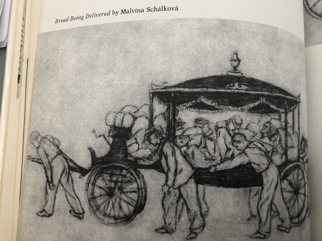 Picture of bread being delivered in a horse-drawn hearse, but with a Jewish laborer pulling the hearse rather than a horse, drawn by Malvína Schálková