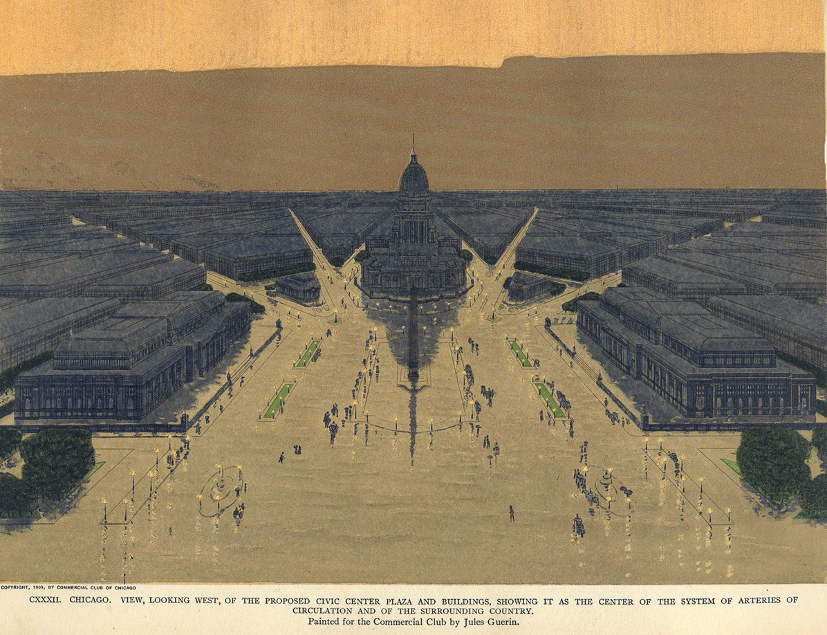 Image from the plan of Chicago showing the proposed civic center plaza and surrounding buildings