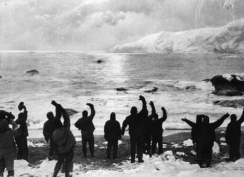 Doctored image of Shackleton leaving his crew at Elephant Island on his quest for rescue