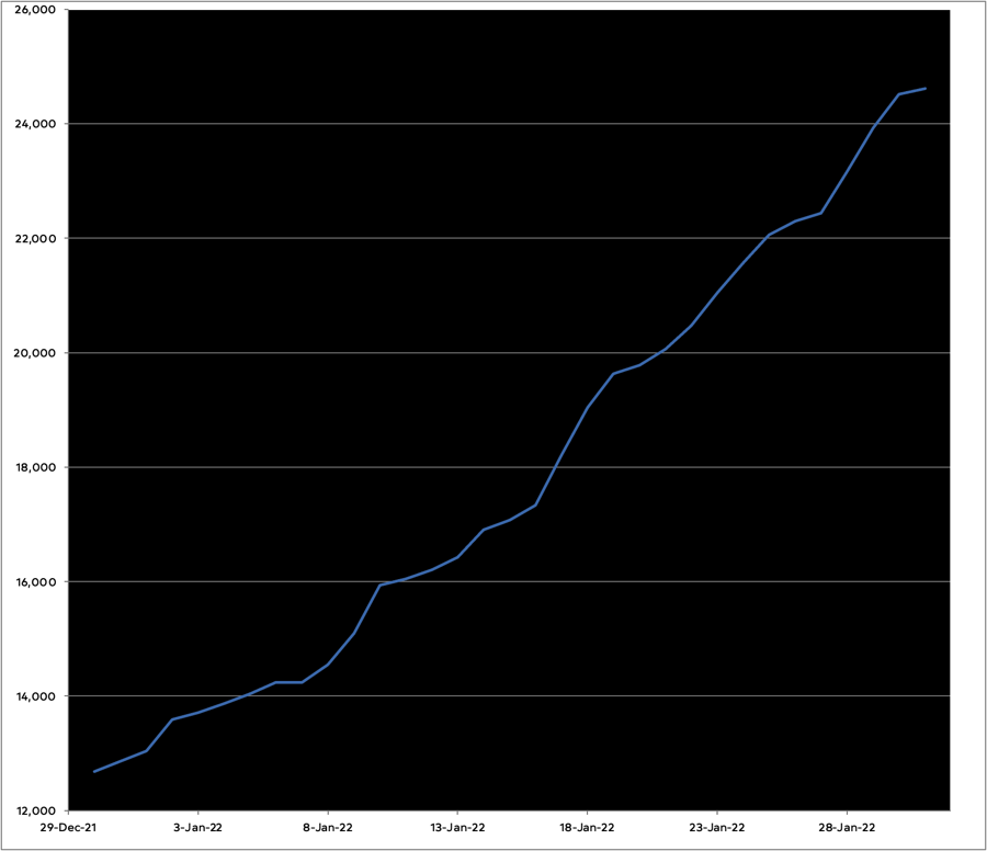 Graph showing generally steady progress on the novel from 12680 words to 24614 words