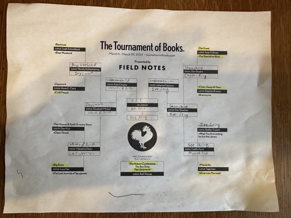 A photo of my brackets in the tournament of books. 