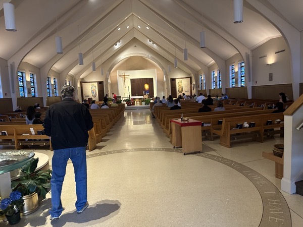View of the sanctuary from the back of the church. It was a bit dim in the church when I arrived, but the overhead lights were turned up to full brightness once the Mass began.
