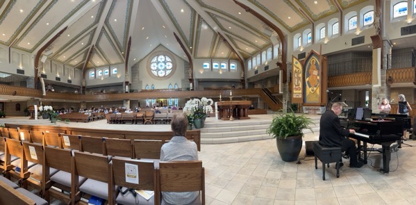 A panormaic shot of the interior of the church, the only way I could capture the space from my seat.