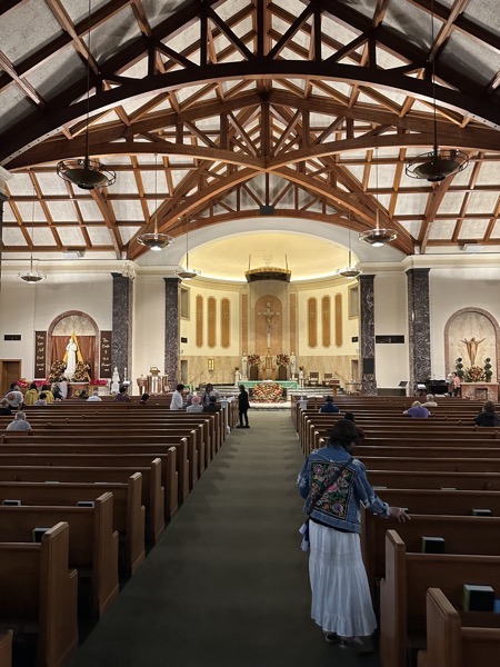 The view of the sanctuary from the back of the church. There is some gorgeous wooden archwork in the vault of the church.
