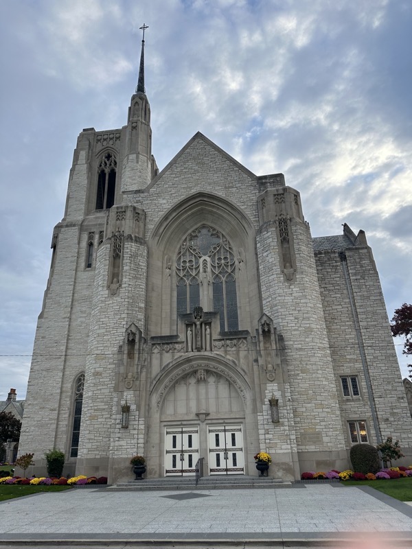 The front of the church showing its neo-gothic façade.