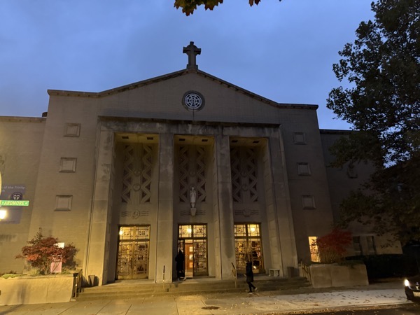 IMG_0979.jpeg The granite neoclassical exterior of St Elizabeth of the Trinity church in the last glimmers of lightiun the evening.