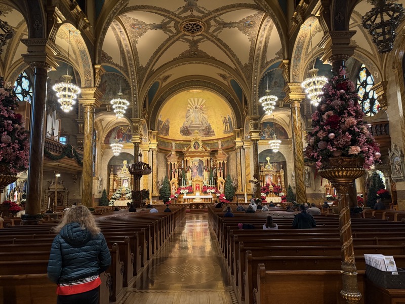 The rather ornate neo-baroque interior of the church. It is somewhat irregular in that it does not have a free-standing altar in the sanctuary which makes me wonder how they celebrate the non-Tridentine Mass in the space
