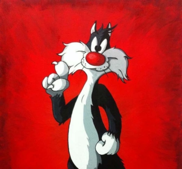 An image of Sylvester the Cat from Looney Tunes. He is a semi-anthopomorphic black and white cat with a red nose, standing up with a raised paw agaisnt a red background