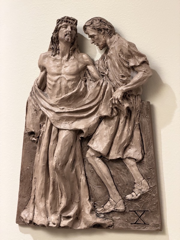 IMG_1208.jpeg Because I’ve been doing shots of stations of the cross, this is a shot of station X: Jesus is stripped of his garments. I’m not sure, but I think this is a relatively contemporary work and appears to be a bronze cast of a clay sculpture.