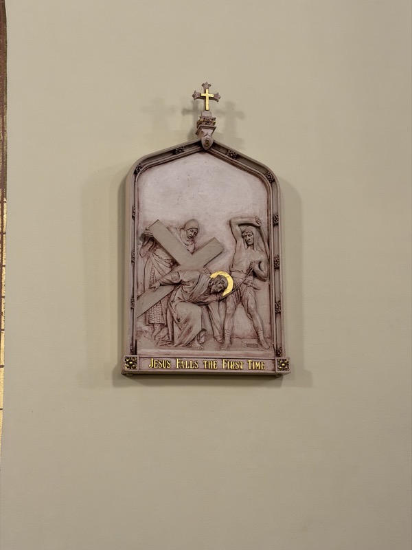 One of the stations of the cross, a bas-relief sculpture affixed to the wall. I’m pretty sure I’ve seen this at other churches which means that it’s not a historical artifact of the church and was likely ordered from a church supply catalog
