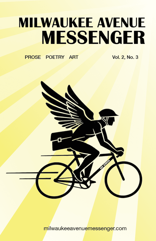 The Cover of Milwaukee Avenue Messenger Vol 2, No 3 showing a bike messenger with angel-like wings on a background of yellow rays